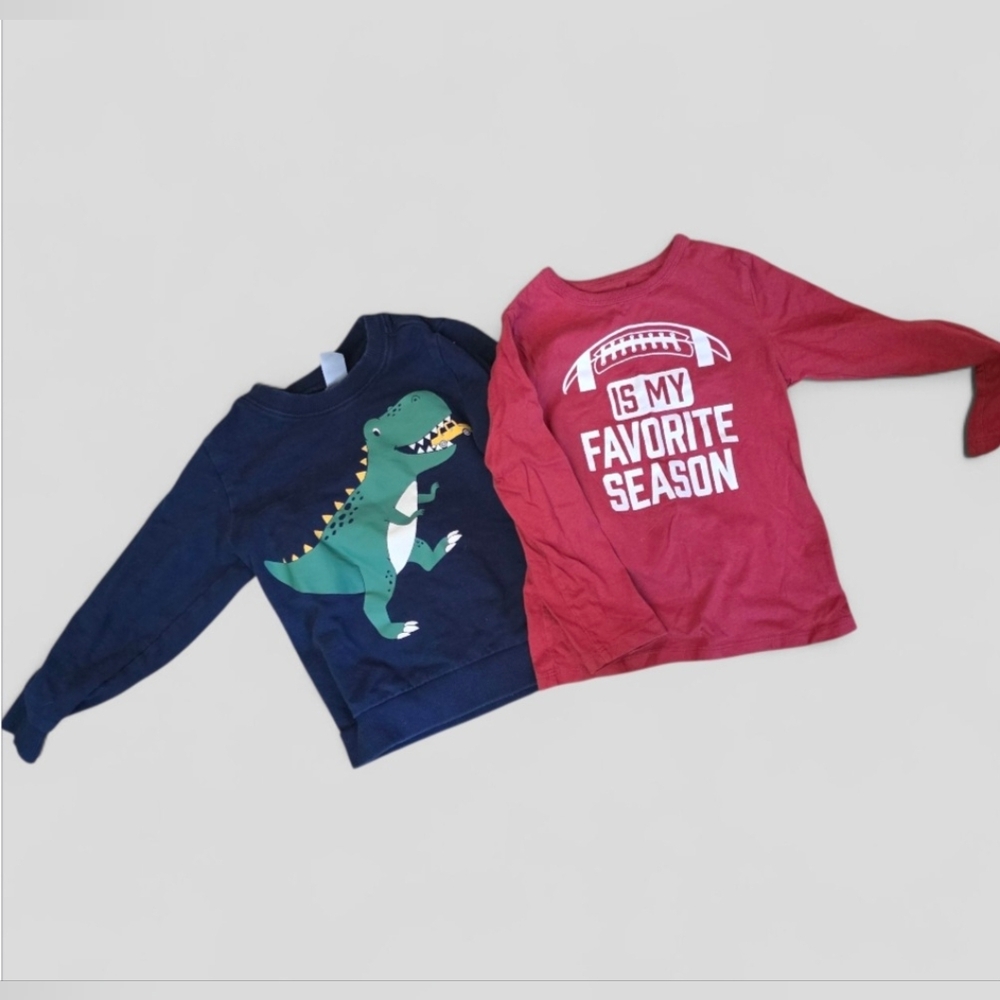 🦖Kids Long Sleeve Blue Dino Carters & Red Childrens Place Football Shirts Sz 4t